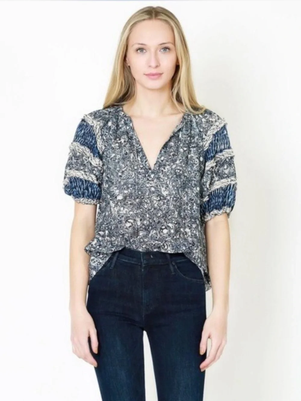 Ulla Johnson Blue Floral V-Neck Puff Sleeve Blouse